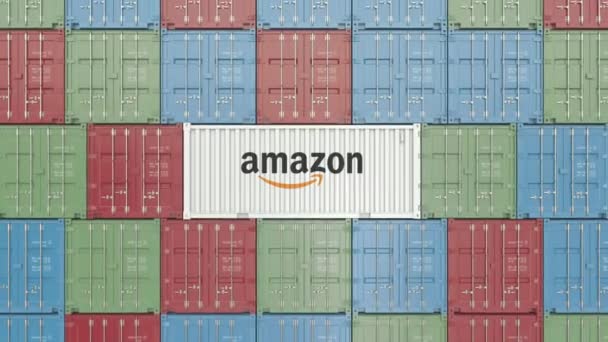 Container met Amazon corporate logo transport. Redactionele animatie — Stockvideo