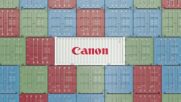 Container met Canon corporate logo. Redactionele 3D animatie — Stockvideo