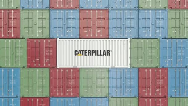 Frachtcontainer mit Raupen-Firmenlogo. redaktionelle Animation — Stockvideo