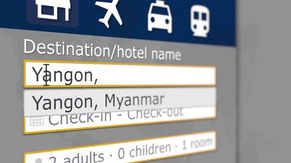 Hotelsuche in Rangun auf einer Buchungsseite. Reise zu myanmar verwandten 3D-Renderings — Stockfoto