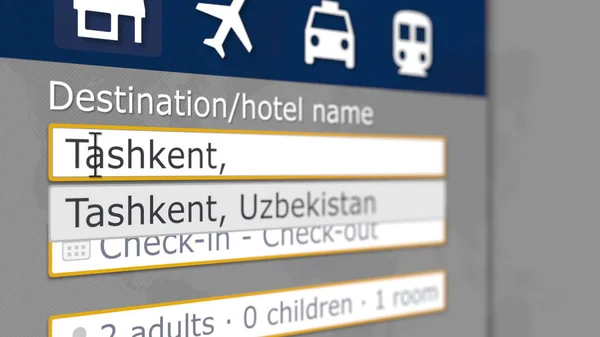 Hotel zoeken in Tasjkent op sommige boeking site. Reizen naar Oezbekistan gerelateerde 3D-rendering — Stockfoto