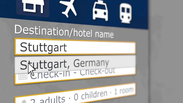 Búsqueda de hoteles en línea en Stuttgart en algún sitio de reserva. Viaje a Alemania renderizado 3D conceptual — Foto de Stock