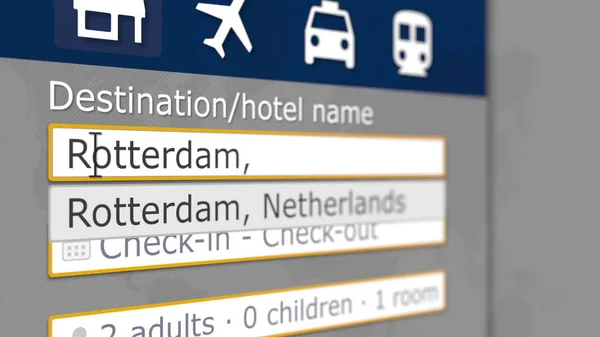 Online hotel Zoek in Rotterdam op de site van sommige boeken. Reizen naar Nederland conceptuele 3D-rendering — Stockfoto