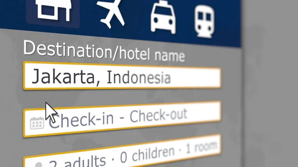 Buscando hotel en Yakarta, Indonesia en un sitio de reservas en línea. Visualización 3D relacionada con viajes —  Fotos de Stock