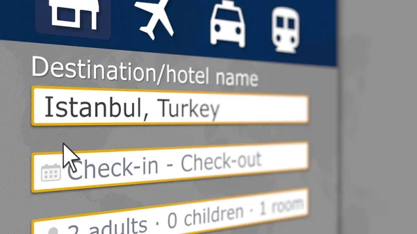 Búsqueda de hoteles en línea en Estambul en algún sitio de reserva. Viaje a Turquía renderizado 3D conceptual —  Fotos de Stock