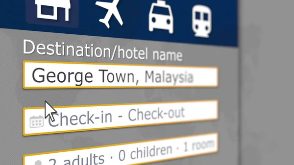 Buscando hotel en George town, Malasia en un sitio de reservas en línea. Visualización 3D relacionada con viajes —  Fotos de Stock