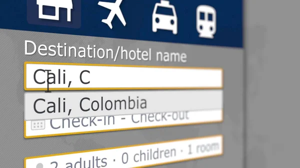 Búsqueda de hoteles en línea en Cali en algún sitio de reserva. Viajar a Colombia renderizado 3D conceptual —  Fotos de Stock
