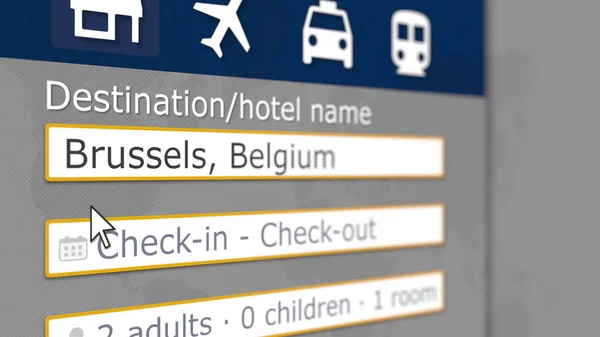 Búsqueda de hoteles en Bruselas en algún sitio de reserva. Viajar a Bélgica renderizado 3D relacionado —  Fotos de Stock