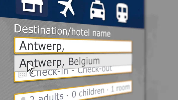 Searching hotel in Antwerp, Belgium on an online booking site. Travel related 3D rendering — Stock Photo, Image