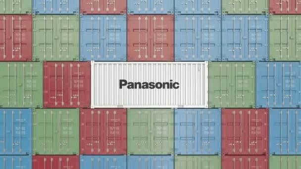 Contenedor con logo corporativo Panasonic. Animación Editorial 3D — Vídeo de stock