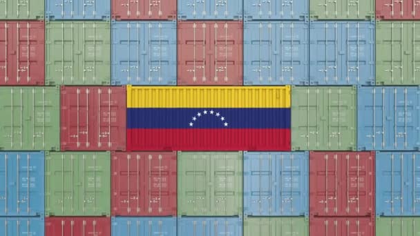 Recipiente com bandeira da Venezuela. Animação 3D relacionada à importação ou exportação venezuelana — Vídeo de Stock