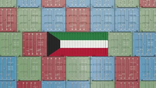 Κοντέινερ με σημαία του Κουβέιτ. Το Κουβέιτ εισαγωγή ή εξαγωγή σχετικό 3D κινούμενα σχέδια — Αρχείο Βίντεο
