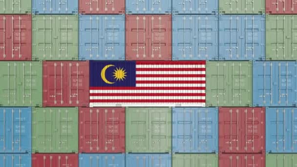 Container met vlag van Maleisië. Maleisische import-of export gerelateerde 3D-animatie — Stockvideo