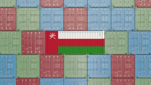 Container met vlag van Oman. Omani import of export gerelateerde 3D animatie — Stockvideo