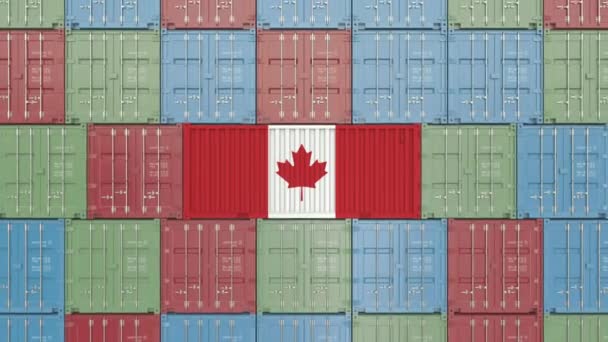 Contenedor de carga con bandera de Canadá. Animación 3D relacionada con la importación o exportación canadiense — Vídeo de stock
