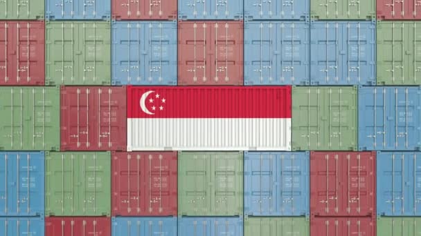 Δοχείο με σημαία της Σιγκαπούρης. Σιγκαπούρης εισαγωγή ή εξαγωγή σχετική κίνηση 3D — Αρχείο Βίντεο
