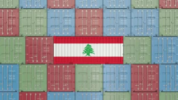 Container met vlag van Libanon. Libanese import of export gerelateerde 3D-animatie — Stockvideo