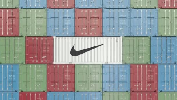 Nike kurumsal logosu ile konteyner. Editoryal 3D animasyon — Stok video