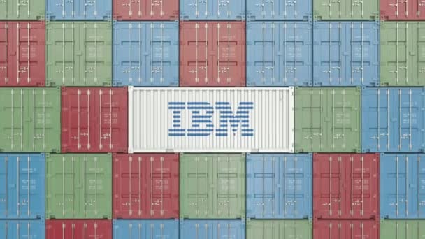 Ibm 기업 로고가 있는 컨테이너. 에디 토 리얼 3d 애니메이션 — 비디오