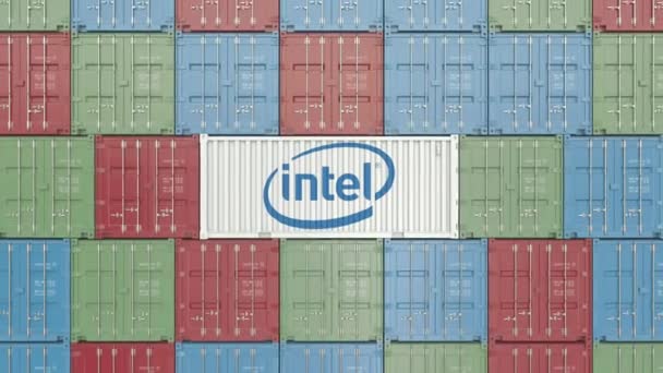 Recipiente com logotipo corporativo Intel. Animação 3D editorial — Vídeo de Stock