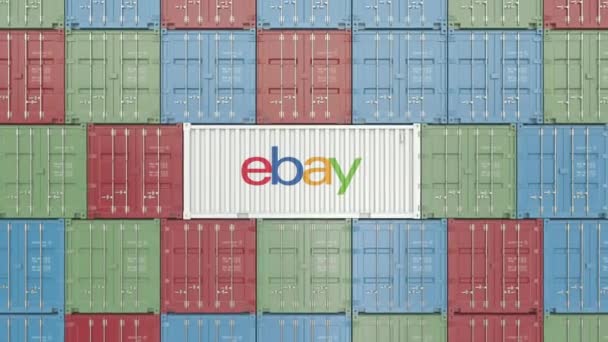 Container met eBay bedrijfsembleem. Redactionele 3D animatie — Stockvideo