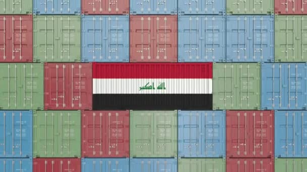 Rakománykonténer Irak zászlóval. Iraki import vagy export kapcsolódó 3D animáció — Stock videók
