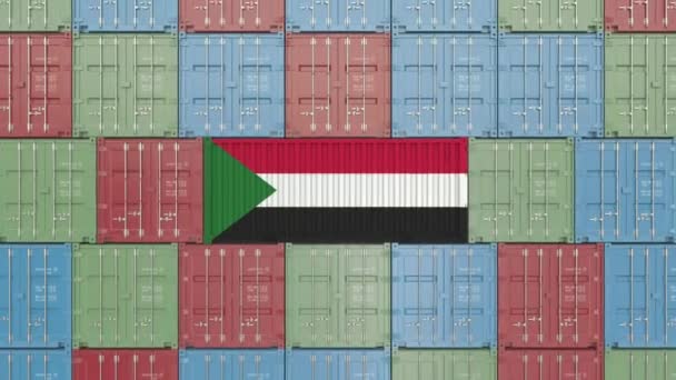 Frachtcontainer mit Sudan-Flagge. Sudanesische Import oder Export bezogene 3D-Animation — Stockvideo