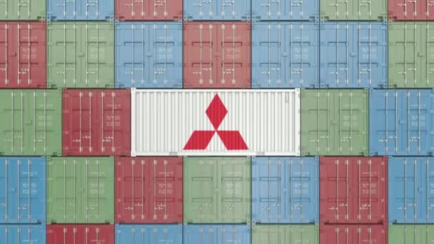 Container met Mitsubishi corporate logo. Redactionele 3D animatie — Stockvideo