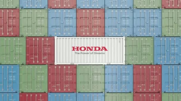 Κοντέινερ με εταιρικό λογότυπο Honda. Συντακτική κίνηση 3D — Αρχείο Βίντεο