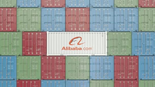 Recipiente com logotipo corporativo do Grupo Alibaba. Animação 3D editorial — Vídeo de Stock