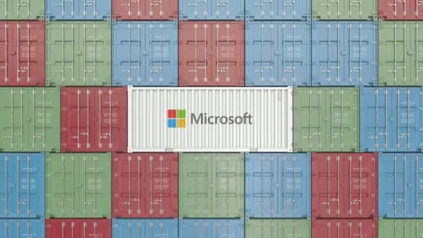 Container met Microsoft corporate logo. Redactionele 3D animatie — Stockvideo