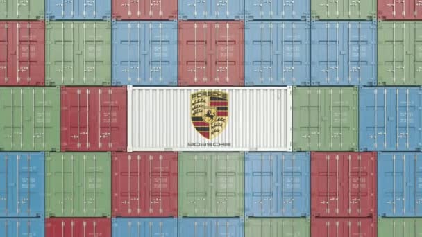 Container met Porsche corporate logo. Redactionele 3D animatie — Stockvideo