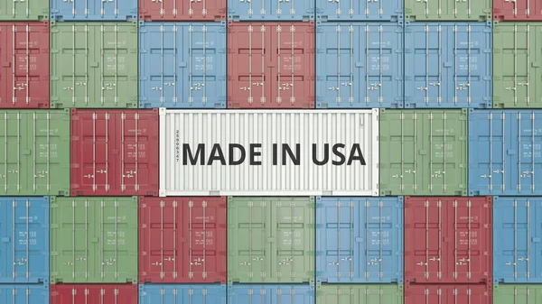 Container med MADE IN USA tekst. Amerikansk import eller eksport relateret 3D rendering - Stock-foto
