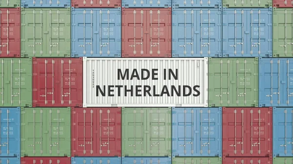 Envase de carga con texto MADE IN NETHERLANDS. Renderizado 3D relacionado con la importación o exportación holandesa — Foto de Stock