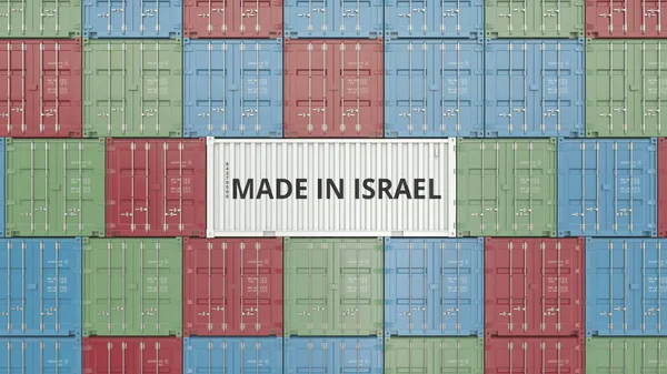 Recipiente com texto MADE IN ISRAEL. Israel importação ou exportação relacionados 3D renderização — Fotografia de Stock