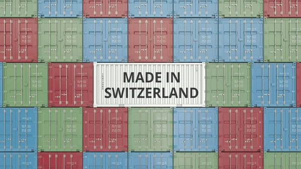 Contenedor con texto MADE IN SUIZA. Representación 3D relacionada con la importación o exportación de Suiza —  Fotos de Stock