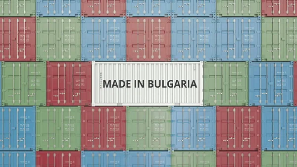 ブルガリアで作られたテキストと貨物コンテナーです。ブルガリアのインポートまたはエクスポート関連 3 d レンダリング — ストック写真