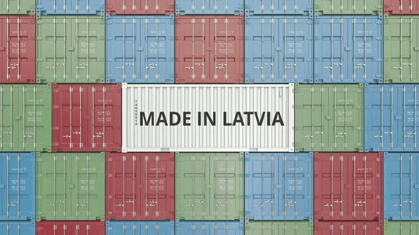 라트비아에서 만든 텍스트와 화물 컨테이너입니다. 라트비아어 가져오기 또는 내보내기 관련된 3d 렌더링 — 스톡 사진