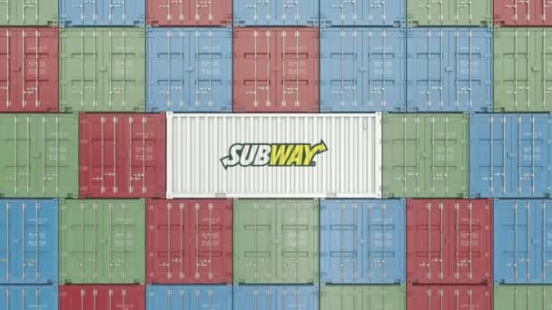 Contenedor con logo corporativo de Subway. Animación Editorial 3D — Vídeo de stock