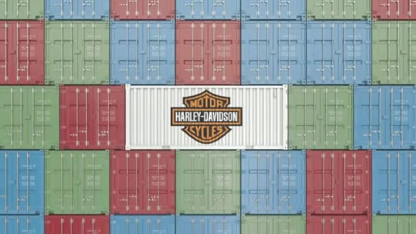 Contenedor con logo corporativo Harley-Davidson. Animación Editorial 3D — Vídeos de Stock