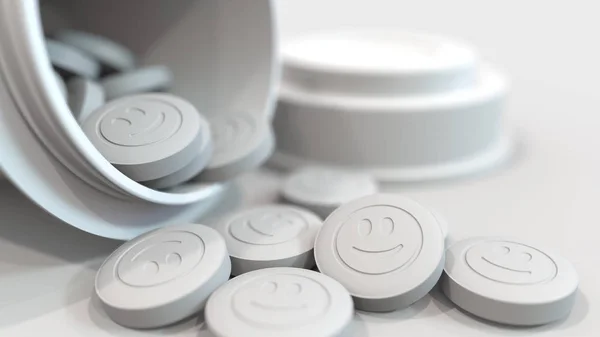Un primo piano di pillole con sopra un sorriso stampato. Rendering 3D — Foto Stock