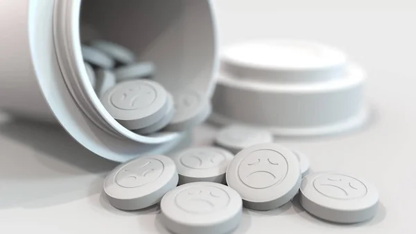 Close-up shot of pills with stamped sad smiley on them. 3D rendering — Stock Photo, Image