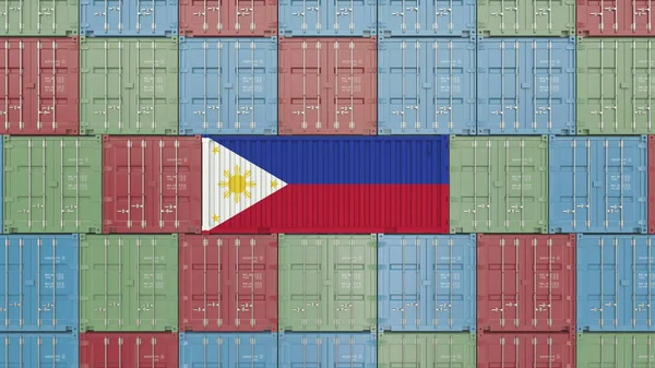 Contenitore con bandiera delle Filippine. Rendering 3D relativo all'importazione o all'esportazione — Foto Stock