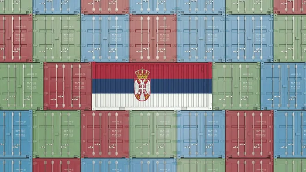 Контейнер з прапор Сербії. Сербська-імпорт або експорт пов'язані 3d-рендерінг — стокове фото