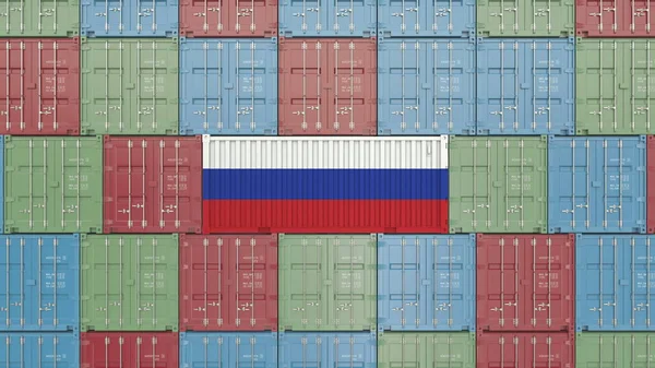 Контейнер із прапором Росії. Російський імпорт або експорт пов'язані 3d-рендерінг — стокове фото