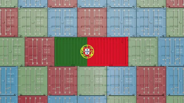Rakomány konténer a Portugália lobogója alatt. Portugál behozatali vagy kiviteli kapcsolódó 3d-leképezés — Stock Fotó