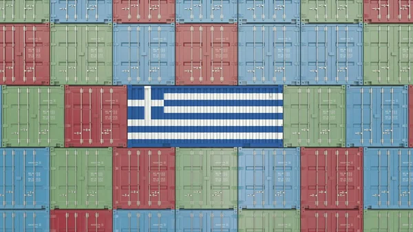 Contenedor con bandera de Grecia. Renderizado 3D relacionado con la importación o exportación griega — Foto de Stock