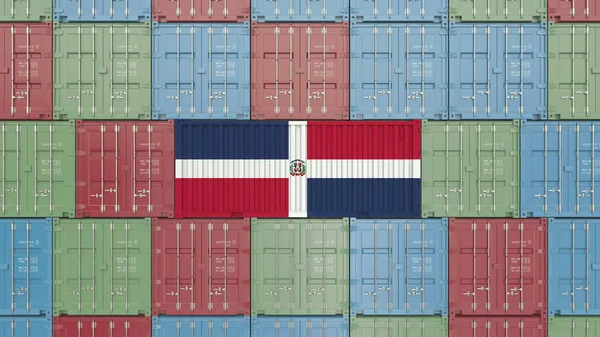Вантажний контейнер з Прапор Домініканської Республіки. Імпорт або експорт пов'язані 3d-рендерінг — стокове фото