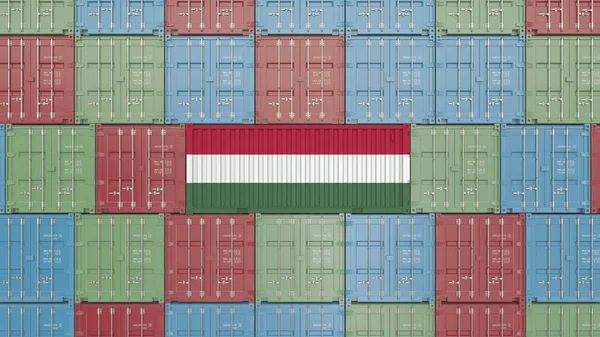 Контейнер з Прапор Угорщини. Угорська-імпорт або експорт пов'язані 3d-рендерінг — стокове фото