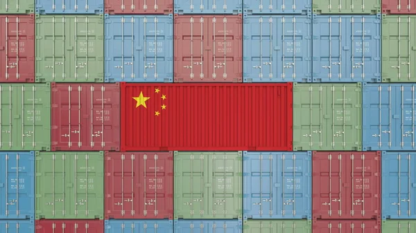 Frachtcontainer mit China-Flagge. Chinesische Import oder Export bezogene 3D-Rendering — Stockfoto